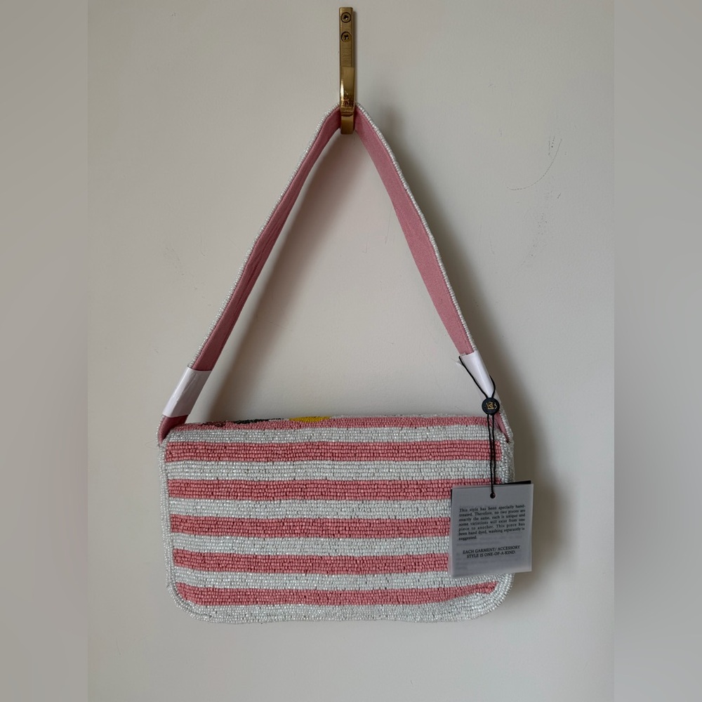 Viral Beaded Lemon pink white striped Shoulder Bag - Picture 4 of 4